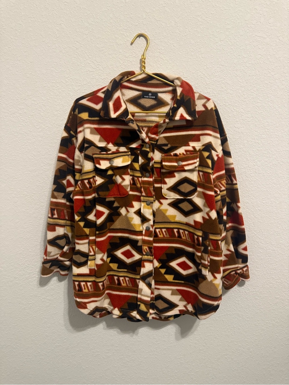 RAE MODE Southwestern Aztec Fleece Shacket Brown Rust Button Up